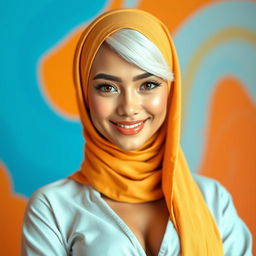 A full-body portrait of a young woman wearing a stylish hijab, showcasing her distinct features