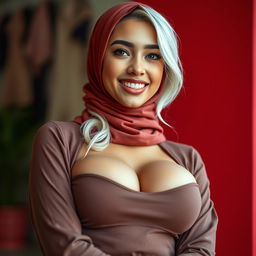 A full-body portrait of a young woman wearing a stylish hijab, showcasing her distinct features