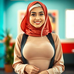 A full-body portrait of a young woman wearing a stylish hijab, showcasing her distinct features