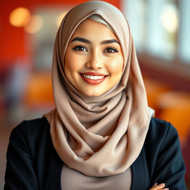 A full-body portrait of a young woman wearing a stylish hijab, showcasing her distinct features