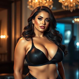 A sultry and alluring woman with an impressive bust, boasting size 105 breasts