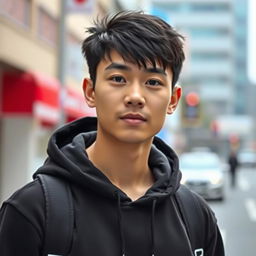 A young Asian man, approximately twenty years old, with short black hair and black eyes, wearing a stylish black hoodie