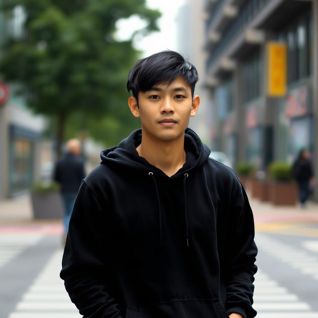 A young Asian man, approximately twenty years old, with short black hair and black eyes, wearing a stylish black hoodie