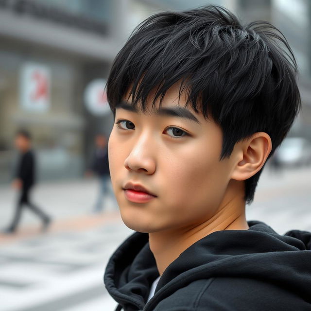 A young Asian man, approximately twenty years old, with short black hair and black eyes, wearing a stylish black hoodie