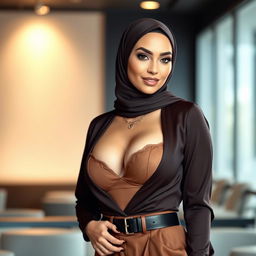 A glamorous and sexy woman wearing a stylish hijab, featuring an impressive bust with size 105 breasts that are accentuated by her elegant outfit