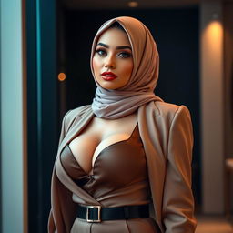 A glamorous and sexy woman wearing a stylish hijab, featuring an impressive bust with size 105 breasts that are accentuated by her elegant outfit