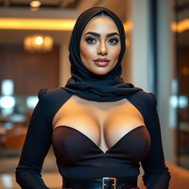 A glamorous and sexy woman wearing a stylish hijab, featuring an impressive bust with size 105 breasts that are accentuated by her elegant outfit