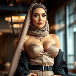 A glamorous and sexy woman wearing a stylish hijab, featuring an impressive bust with size 105 breasts that are accentuated by her elegant outfit