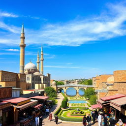 A breathtaking view of Isfahan, Iran, showcasing the stunning architecture and vibrant colors of the Shah Mosque, with intricate tile work and majestic minarets under a clear blue sky