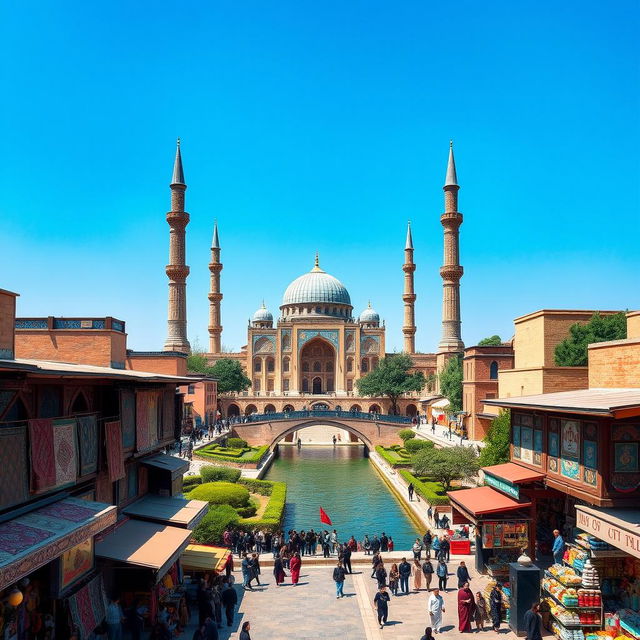 A breathtaking view of Isfahan, Iran, showcasing the stunning architecture and vibrant colors of the Shah Mosque, with intricate tile work and majestic minarets under a clear blue sky