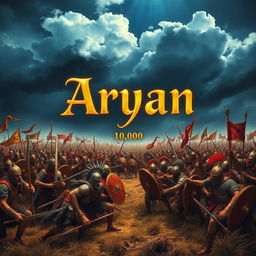 A dramatic battlefield scene depicting two ancient armies, each comprising 10,000 warriors, engaged in a fierce battle