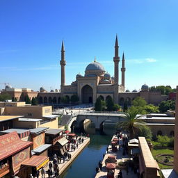 A breathtaking view of Isfahan, Iran, showcasing the stunning architecture and vibrant colors of the Shah Mosque, with intricate tile work and majestic minarets under a clear blue sky
