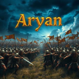 A dramatic battlefield scene depicting two ancient armies, each comprising 10,000 warriors, engaged in a fierce battle