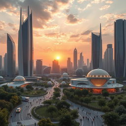 A futuristic cityscape of Gonbad Kavous, showcasing modern architecture blended with traditional Persian elements