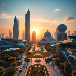 A futuristic cityscape of Gonbad Kavous, showcasing modern architecture blended with traditional Persian elements