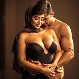A sensual scene featuring a beautiful woman with size 105 breasts, proudly wearing a stylish hijab, alongside a handsome man who is embracing her in a tender yet intimate manner