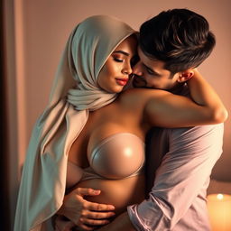 A sensual scene featuring a beautiful woman with size 105 breasts, proudly wearing a stylish hijab, alongside a handsome man who is embracing her in a tender yet intimate manner