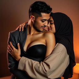 A sensual scene featuring a beautiful woman with size 105 breasts, proudly wearing a stylish hijab, alongside a handsome man who is embracing her in a tender yet intimate manner