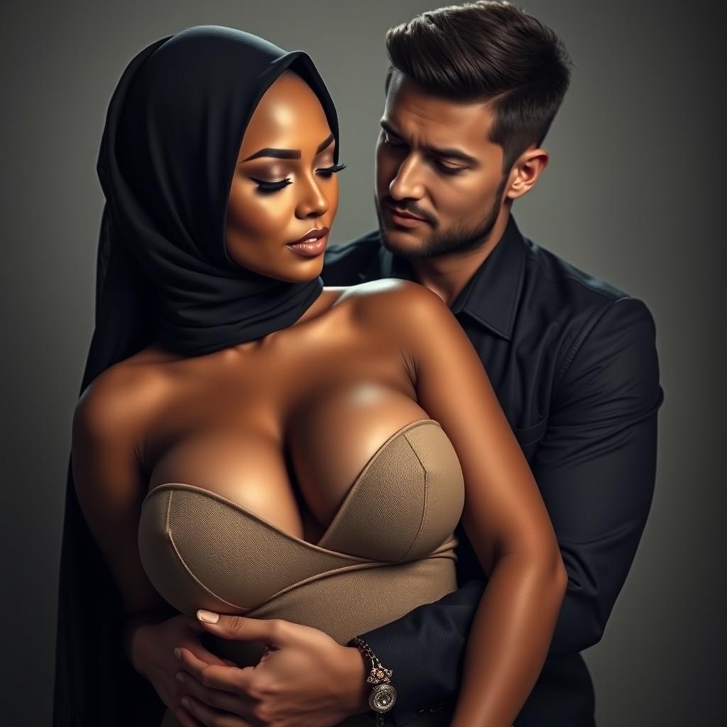 A sensual scene featuring a beautiful woman with size 105 breasts, proudly wearing a stylish hijab, alongside a handsome man who is embracing her in a tender yet intimate manner