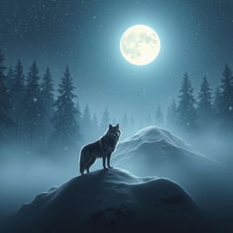 A dark and mysterious forest where snow is falling gently, thick snow blankets the ground, and towering trees rise up towards the sky