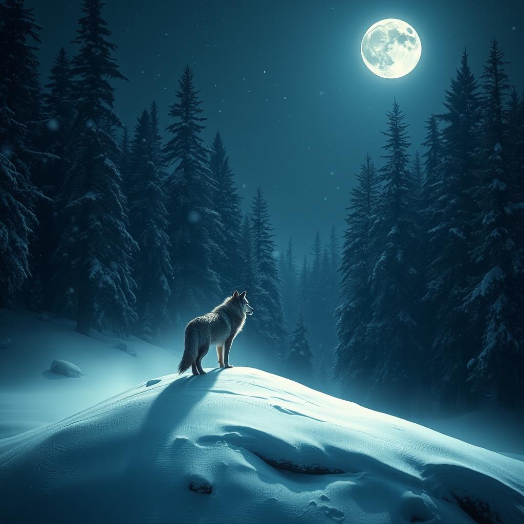 A dark and mysterious forest where snow is falling gently, thick snow blankets the ground, and towering trees rise up towards the sky
