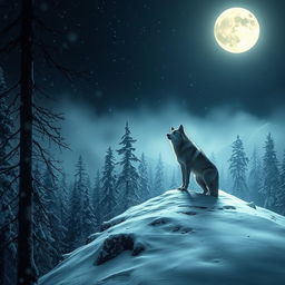A dark and mysterious forest where snow is falling gently, thick snow blankets the ground, and towering trees rise up towards the sky