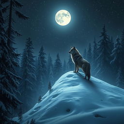 A dark and mysterious forest where snow is falling gently, thick snow blankets the ground, and towering trees rise up towards the sky