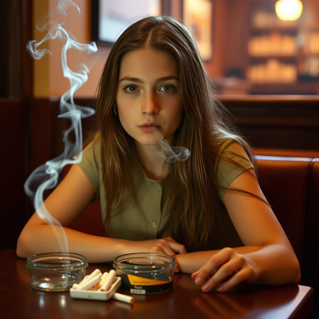 A teenage girl sitting at a table, casually dressed, with an ashtray and a pack of cigarettes in front of her