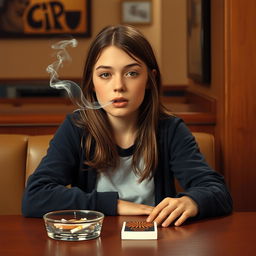 A teenage girl sitting at a table, casually dressed, with an ashtray and a pack of cigarettes in front of her