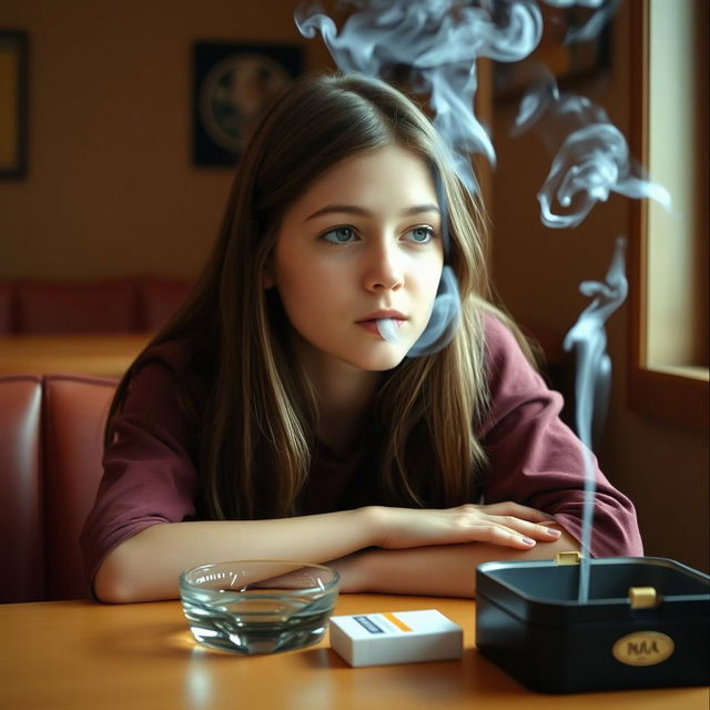 A teenage girl sitting at a table, casually dressed, with an ashtray and a pack of cigarettes in front of her