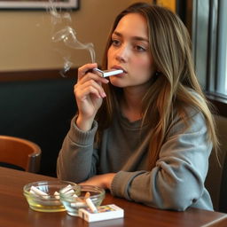 A teenage girl sitting at a table, casually dressed, with an ashtray and a pack of cigarettes in front of her