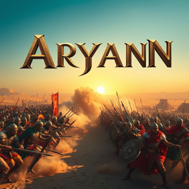 A dramatic scene depicting two great ancient armies clashing in a vast desert, each consisting of 10,000 warriors in vibrant, ornate armor, showcasing a variety of cultures and weapons