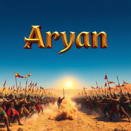 A dramatic scene depicting two great ancient armies clashing in a vast desert, each consisting of 10,000 warriors in vibrant, ornate armor, showcasing a variety of cultures and weapons