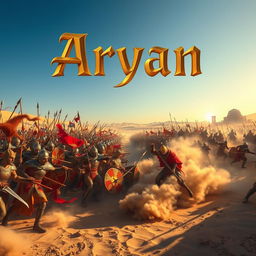 A dramatic scene depicting two great ancient armies clashing in a vast desert, each consisting of 10,000 warriors in vibrant, ornate armor, showcasing a variety of cultures and weapons