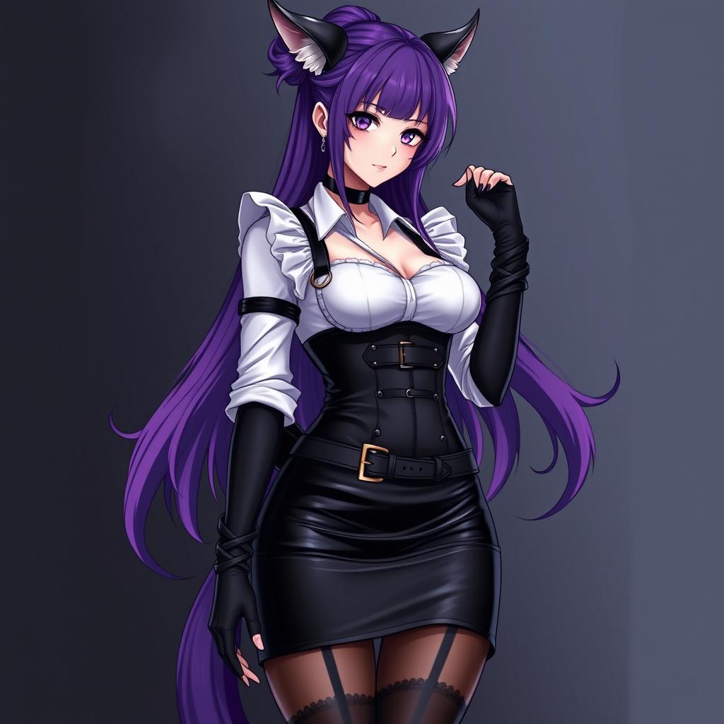 A striking gothic anime maid Kitsune girl characterized by her long purple hair styled in an elegant bun