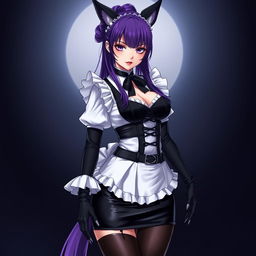 A striking gothic anime maid Kitsune girl characterized by her long purple hair styled in an elegant bun