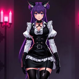 A striking gothic anime maid Kitsune girl characterized by her long purple hair styled in an elegant bun