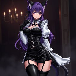 A striking gothic anime maid Kitsune girl characterized by her long purple hair styled in an elegant bun