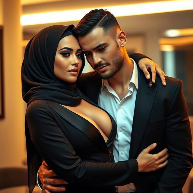 A captivating scene featuring a sexy woman wearing a stylish hijab, with size 105 breasts that are prominently showcased in an elegant outfit without a bra