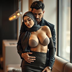 A captivating scene featuring a sexy woman wearing a stylish hijab, with size 105 breasts that are prominently showcased in an elegant outfit without a bra