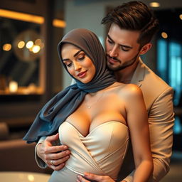 A captivating scene featuring a sexy woman wearing a stylish hijab, with size 105 breasts that are prominently showcased in an elegant outfit without a bra