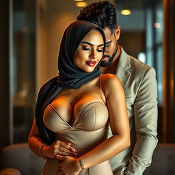 A captivating scene featuring a sexy woman wearing a stylish hijab, with size 105 breasts that are prominently showcased in an elegant outfit without a bra