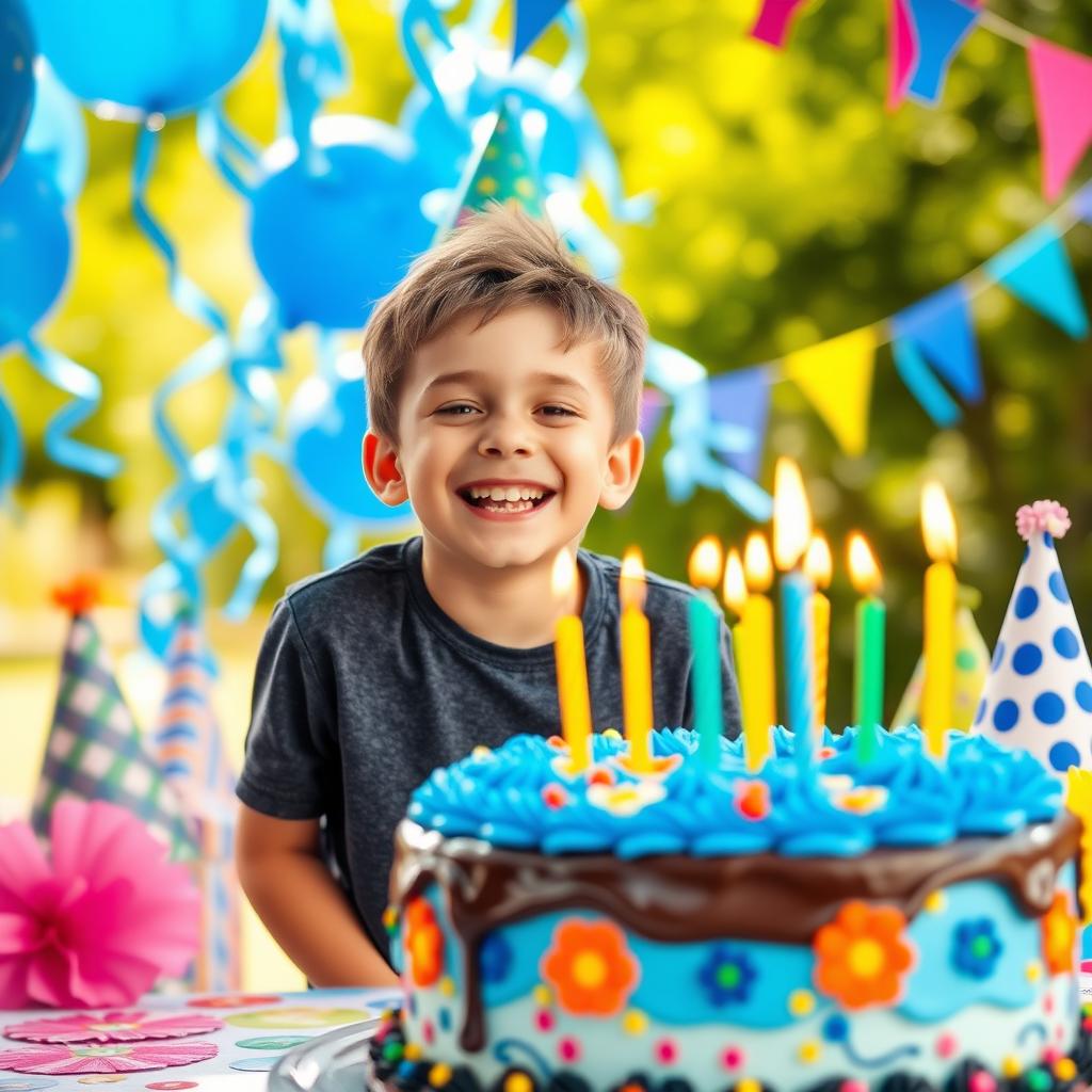 A vibrant birthday celebration scene featuring a cheerful young boy smiling joyfully, surrounded by blue decorations such as balloons and streamers