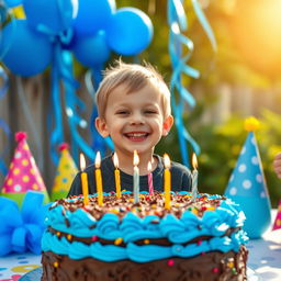 A vibrant birthday celebration scene featuring a cheerful young boy smiling joyfully, surrounded by blue decorations such as balloons and streamers