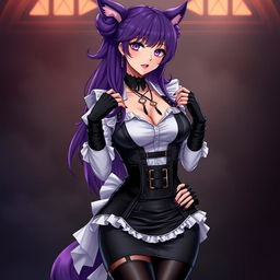 A seductive gothic Kitsune anime girl maid with long purple hair styled in an elegant bun