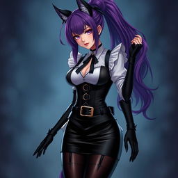 A seductive gothic Kitsune anime girl maid with long purple hair styled in an elegant bun
