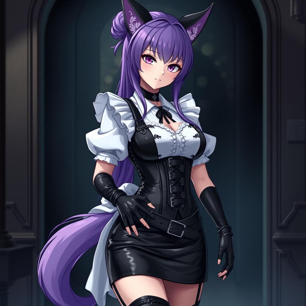 A seductive gothic Kitsune anime girl maid with long purple hair styled in an elegant bun