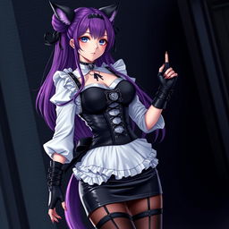 A seductive gothic Kitsune anime girl maid with long purple hair styled in an elegant bun