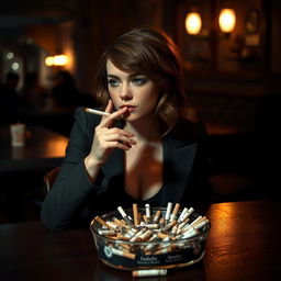 Emma Stone sitting at a dark wooden table, the atmosphere is moody with soft warm lighting