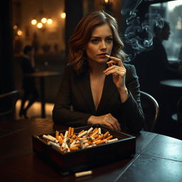 Emma Stone sitting at a dark wooden table, the atmosphere is moody with soft warm lighting
